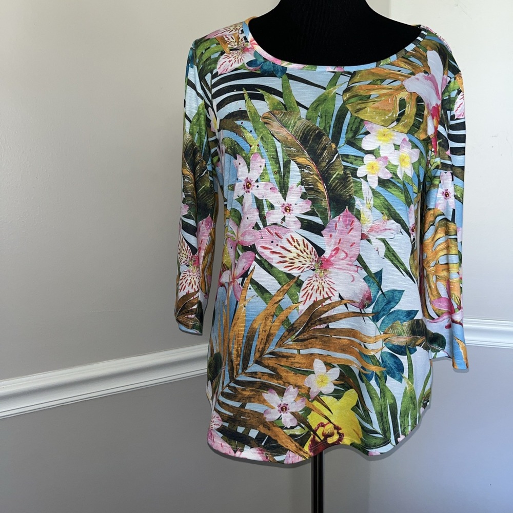 Sun‎ Bay Top Womens Sz L Multicolor Floral 3/4 Sleeve Rhinestone Tropical Beach